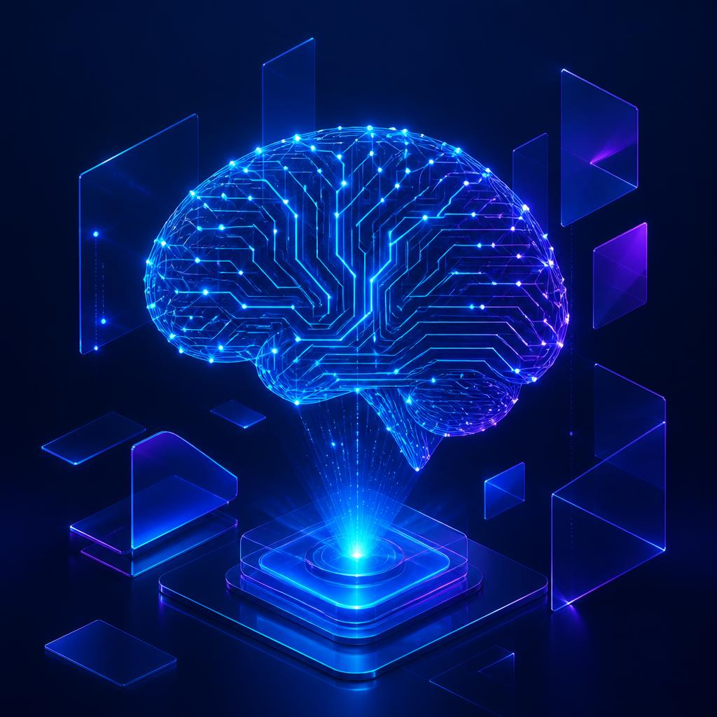 Holographic AI core made of circuit traces powering the Circuit Sim AI engine